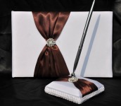 White Wedding Guest Register Book - Chocolate Brown Bow & Diamante Ring  + Silver Pen & Stand